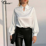 Autumn Elegant Lantern Long Sleeve Satin Blouses Women Casual Office Lapel Shirts  Fashion Hollow Neckline Tunic Tops