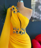 Charming Yellow One Shoulder Mermaid Evening Dresses   Sleeveless Side Split Crystals Women Pageant Dressing   Gowns  mh225