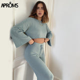 Christmas Gift Aproms White Black Knitted Women's 2 Piece Suits Casual Flare Sleeve Cropped Top and Pants Set Female High Waist Homesuits Deanwangkt