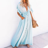 deanwangkt   Sexy Boho Dress Beach Cover Up Kaftan Women Long Beachwear Solid V Neck Ladies Holiday Dress Robe Plage Sarong Beach Pareos