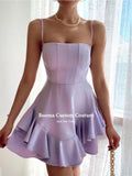 DEANWANGKT Lavender Mini Prom Dresses Spaghetti Straps Ruffles Above Knee Satin Homecoming Dresses Clubbing Short Graduation Dresses