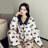 Women's Pajamas Set Velvet Sleepwear Cute Bow Print Lapel Homewear Casual Lace Nightwear Luxury Pyjamas Femme for Girl