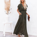 deanwangkt   Sexy Boho Dress Beach Cover Up Kaftan Women Long Beachwear Solid V Neck Ladies Holiday Dress Robe Plage Sarong Beach Pareos