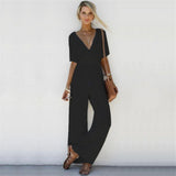 Women  Summer Loose Short Sleeve Casual Jumpsuit Ladies Elegant V-Neck Fashion Clubwear Wide Leg Slim Pants Trousers