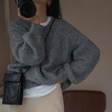 deanwangkt Winter New Clothes Grey Cashmere Sweater Women Autumn Loose Retro Sweater Pullovers French Solid Knit Sweater Fashion Tops