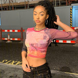 Wenkouban  Print Mesh Crop Top Summer Woman Half Sleeve Tie Dye Pink Tshirts Streetwear Sexy Round Neck Slim See Through Graphic Tees