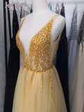 Sexy V-Neck Long Prom Dresses  Beaded Beading Crystal High Splits Backless A-Line Formal Gown Party Dress