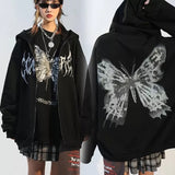 deanwangkt Butterfly Print Hooded Jackets Women Autumn Punk Zip-up Loose Coats Female Harajuku Hip Hop Streetwear Y2k Aesthetic Hoodies