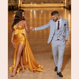 Gold Sweetheart Prom Dresses Satin Long Evening Gown  Sexy High Split Dubai Formal Gowns Abendkleider вечерние платья