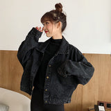 deanwangkt Harajuku Black Denim Short Jacket Women Korean Loose Bomber Jacket Female Outerwear Streetwear Long Sleeve Casual Overcoat Mujer