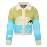 deanwangkt Women Winter Cardigans With Turn-Down Collar Seaside Scenery Print Long Sleeve Knitted Outwear Green Yellow Coat