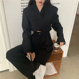 Korean summer Two Piece Set Women Crop Top Sexy Lace-up Blazer Coat + High Waist Pants Suit Sets Streetwear 2 Piece Sets Women