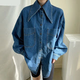 deanwangkt Female Denim Shirt Autumn Korean Retro Chic Pointed Collar Single-Breasted Loose Large Pockets Washed Blue Blouses