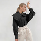 deanwangkt Blouses Women Peter Pan Collar Ruffle Shirts Long Sleeve White Cotton Casual Simple Tops Female Spring Summer Frill Shirt