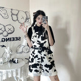 Street Hip-hop Harajuku Girl Cow Print Oneies For Women Black White Plaid Overalls Casual Jumpsuit Trousers Baggy Pants