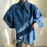 deanwangkt Female Denim Shirt Autumn Korean Retro Chic Pointed Collar Single-Breasted Loose Large Pockets Washed Blue Blouses