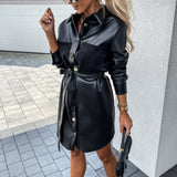 deanwangkt   PU Leather Jacket  New Autumn Women Clothing Loose Belt Faux Leather Windbreaker With Trench Coat Slim  Black