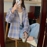 deanwangkt Plaid Shirts Women Lantern Sleeve Cardigan Vintage Top Pink Purple Checkered Beautiful Blouse Fashion Button Up Oversize