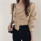 deanwangkt  New Spring White Shirt Women Blouses Long Sleeve Side Single-breasted Sweet Korean Style OL Sexy Lady Crop Tops