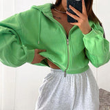 deanwangkt Autumn Winter Women Green Long Sleeve Streetwear Hooded Zipper Sweatshirt Coats Loose Oversized Crop Top Short Jackets