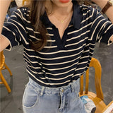 Wenkouban T-Shirts Women Tees Striped Vintage Office Lady Y2k Top V-Neck Summer Harajuku BF Classic Cropped Soft Streetwear Fashion Design