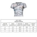 Wenkouban  Print Mesh Crop Top Summer Woman Half Sleeve Tie Dye Pink Tshirts Streetwear Sexy Round Neck Slim See Through Graphic Tees