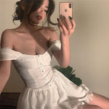 deanwangkt Sexy Summer Short Sleeve Dress Women Casual Ruffle Elegant Fashion Dresses One Word Collar Off Shoulder Party Beach Dress