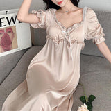 Female Nightgown Elegant Palace Style Princess Long Nightgown Sleepwear Summer Short Sleeve Sleepshirt Satin Silk Home Dress