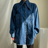 deanwangkt Female Denim Shirt Autumn Korean Retro Chic Pointed Collar Single-Breasted Loose Large Pockets Washed Blue Blouses