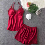 5PCS Robe Sleep Suit Pajamas Set Sexy Lace Stain Red Pajamas Women Silk Pyjamas Dressing Gown Summer Robe Sleepwear Chest Pads