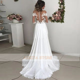 Lace Appliques Wedding Dresses  Off the Shoulder A-Line High Side Slit Long Sleeve Chiffon Court Train Beach Bridal Gowns