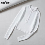Christmas Gift Aproms Elegant High Neck Zipper Front Knitted Sweater Women Solid Basic Cropped Pullover Winter Spring Fashion Clothing Top Deanwangkt