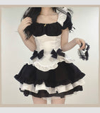 deanwangkt Lolita Dress Black White Kawaii Maid Mini Dresses Summer French Cute Bowknot Cosplay Costume Waitress Party Outfits