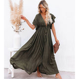 deanwangkt   Sexy Boho Dress Beach Cover Up Kaftan Women Long Beachwear Solid V Neck Ladies Holiday Dress Robe Plage Sarong Beach Pareos