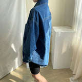 deanwangkt Female Denim Shirt Autumn Korean Retro Chic Pointed Collar Single-Breasted Loose Large Pockets Washed Blue Blouses