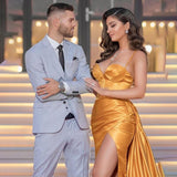 Gold Sweetheart Prom Dresses Satin Long Evening Gown  Sexy High Split Dubai Formal Gowns Abendkleider вечерние платья