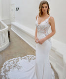 Sexy Wedding Dresses Mermaid V-neck Open Back Satin Tulle Lace Appliques Formal Simple Long Bride Dress Custom Made DE48