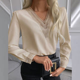 Graduation Gifts   Autumn Lace Crochet Satin Silk Chiffon Shirt Women Long Sleeve Woman Blouses Tops V Neck Solid Embroidery Shirts Blusas 15777