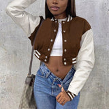 deanwangkt Patchwork Crop Jacket Varsity Women Autumn Winter Casual Oversized Y2k Fashion Baseball Coat