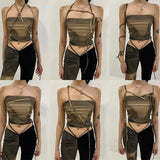 deanwangkt Fashion Print Sleeveless Crop Tops for Women Bandage Sexy Backless Tie Up Halter Top Female Cropped Top Summer