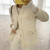 deanwangkt  Woman Jacket New Korea Elegant V-neck Edge Stitching Three Buttons Loose Pocket Tweed Short Coat Ladies Wear