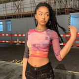 Wenkouban  Print Mesh Crop Top Summer Woman Half Sleeve Tie Dye Pink Tshirts Streetwear Sexy Round Neck Slim See Through Graphic Tees