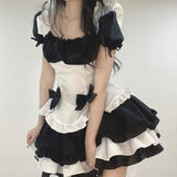 deanwangkt Lolita Dress Black White Kawaii Maid Mini Dresses Summer French Cute Bowknot Cosplay Costume Waitress Party Outfits