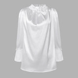 Women Satin Blouses Elegant Long Sleeve Silk Tops  Pearl Stand Collar Female Office Shirts Solid Casual Party Blusas