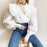 deanwangkt Blouses Women Peter Pan Collar Ruffle Shirts Long Sleeve White Cotton Casual Simple Tops Female Spring Summer Frill Shirt