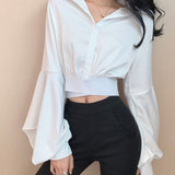 Christmas Gift Deanwangkt Spring Sexy Blouse Women V Neck Button Long Sleeve Vintage Casual Crop Tops Female Outdoor Korean Fashion Chiffon Shirt