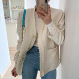 deanwangkt  Woman Jacket New Korea Elegant V-neck Edge Stitching Three Buttons Loose Pocket Tweed Short Coat Ladies Wear