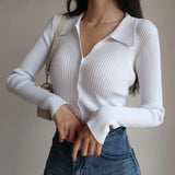 deanwangkt Ladies Buttons Sexy V Neck Long Sleeve POLO Neck Knit Cardigan Sweater Women Lapel Slim Tops