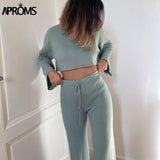 Christmas Gift Aproms White Black Knitted Women's 2 Piece Suits Casual Flare Sleeve Cropped Top and Pants Set Female High Waist Homesuits Deanwangkt