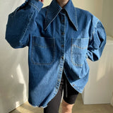 deanwangkt Female Denim Shirt Autumn Korean Retro Chic Pointed Collar Single-Breasted Loose Large Pockets Washed Blue Blouses